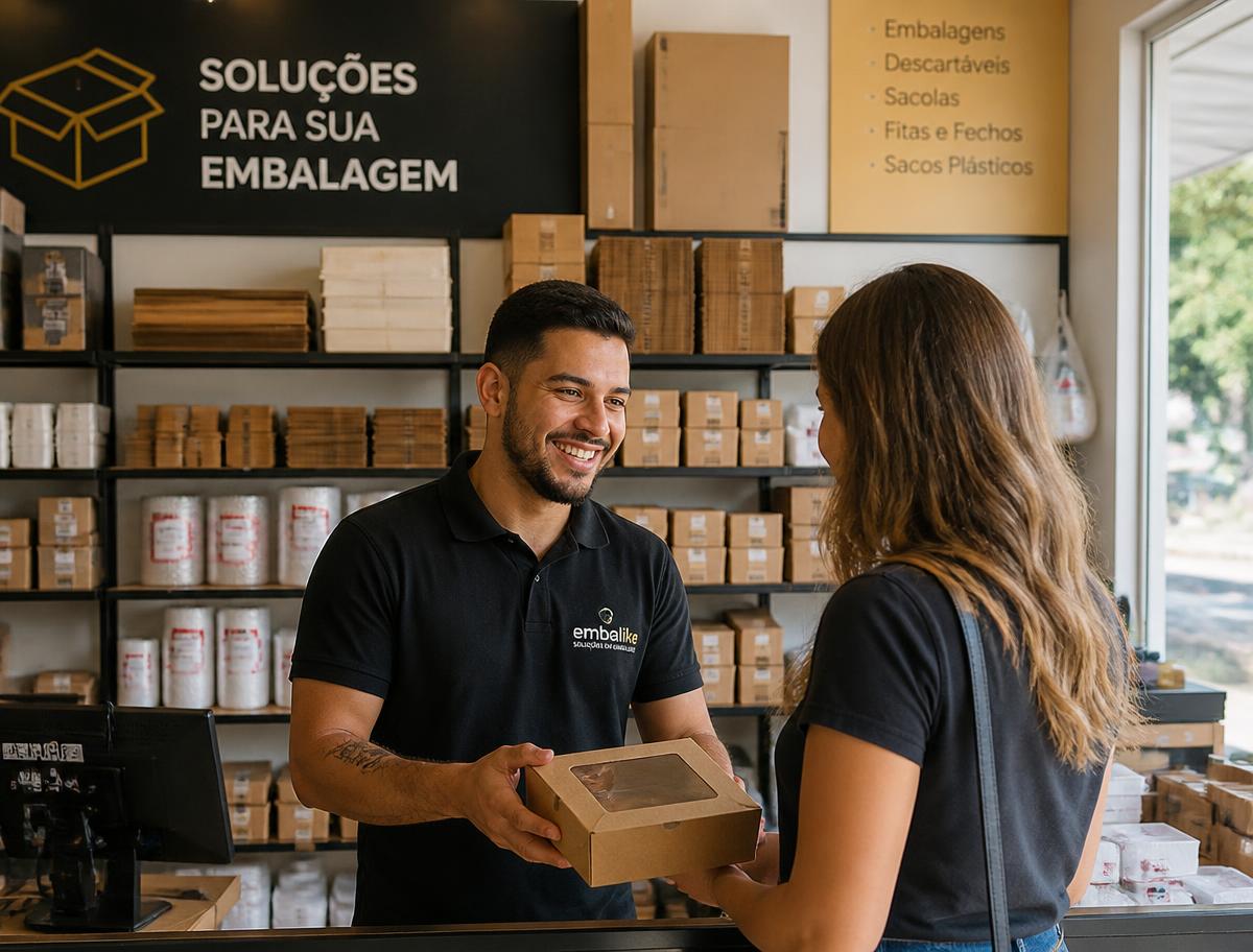 Atendente da MGL Embalagens entregando uma caixa para uma cliente na loja